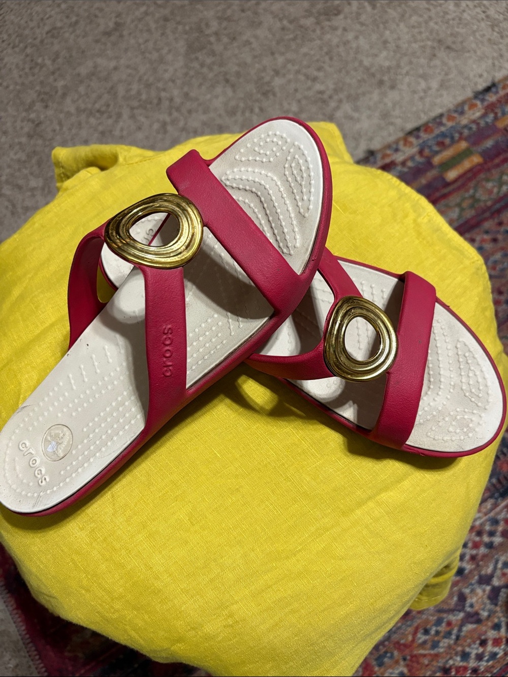 CROCS Women's red Slide Sandals with Gold Ring Accent